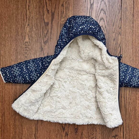 The North Face Infant Hooded Winter Jacket - 3-6M - Navy Blue w/ White Dot Print - Picture 2 of 3